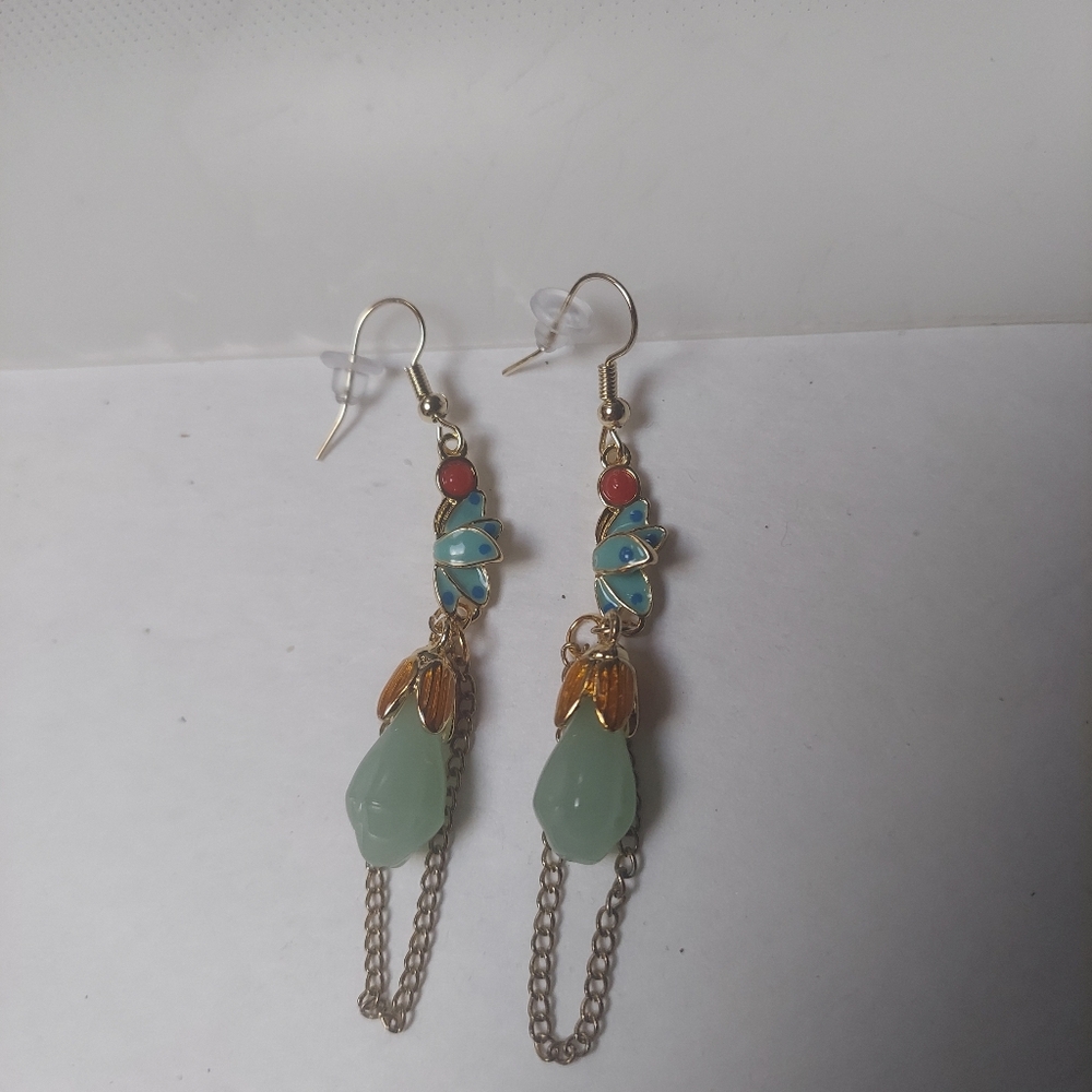 Enamel jade floral dangle party earrings
